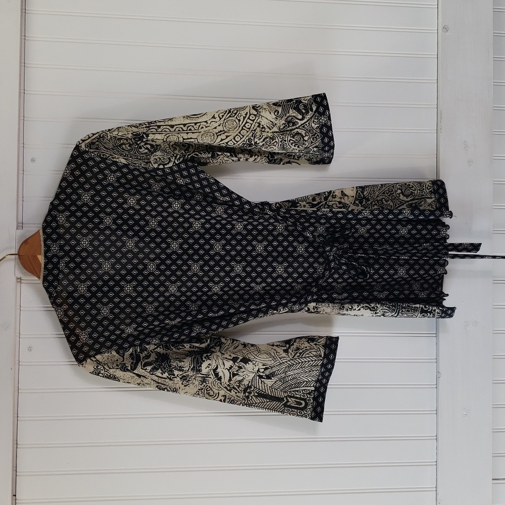 ANAC by Kimi Black Cream Abstract Print Faux Wrap Tunic Top Long Sleeve Size XL - Picture 5 of 6